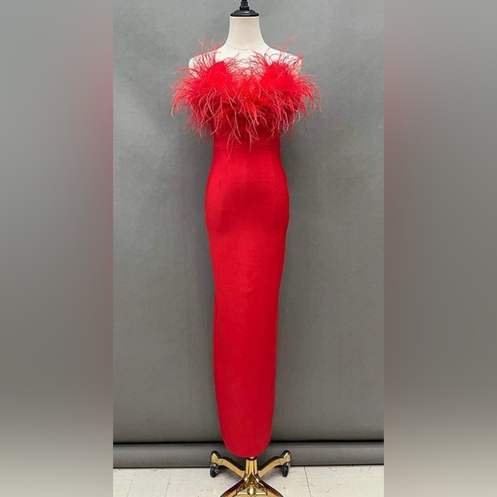 Red Strapless V Neckline Ostrich Feather Bandage Maxi Dress - NWT